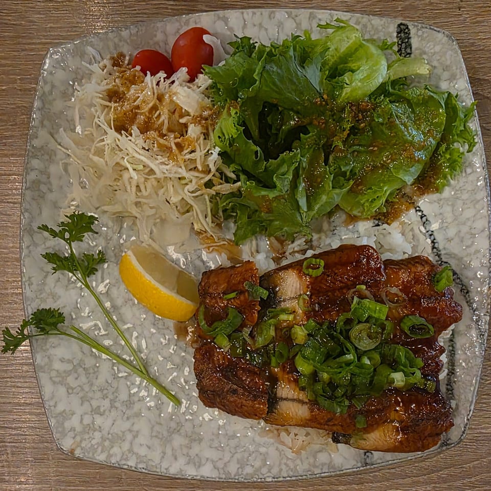 Japanese unagi donburi with rice, eel, green onions, salad, shredded cabbage, cherry tomatoes, and lemon.