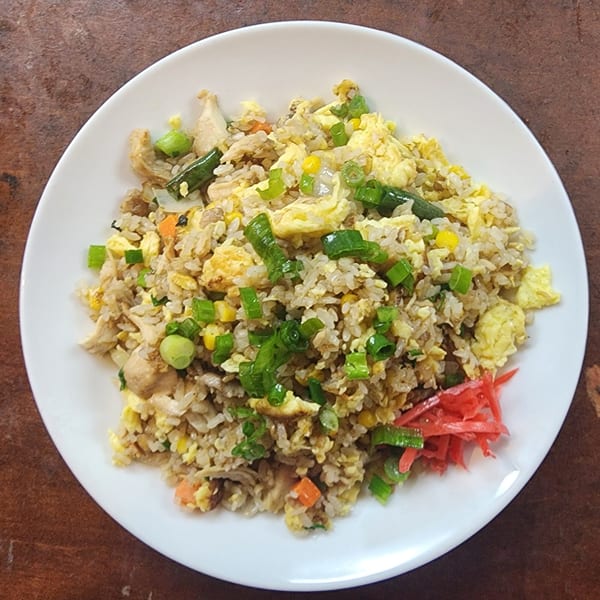 Yatai Ramen's chicken fried rice with scrambled egg, corn, green beans, and pickled ginger.